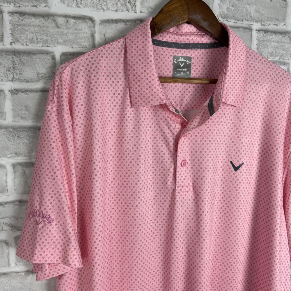 Callaway Opti-Dri Mens XL Pink Geometric Print Short Sleeve Golf Polo Shirt